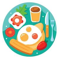 Breakfast with fried eggs. tomatoes and sausages. spices and toast. Hearty and nutritious food vector