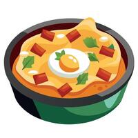 Close-up of a hearty breakfast casserole with eggs. bacon. cheese. and green onions on a plate vector