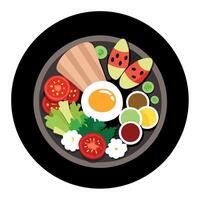 Cobb salad with chicken avocado tomatoes eggs bacon and cheese with sauce on a black table top view vector