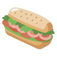 Crusty white bread sandwich with jamon serrano and basil close-up on neutral background. vector
