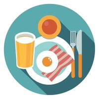 A plate of bacon and eggs sits on a table next to a cup of coffee and a glass of orange juice vector
