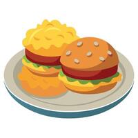 A macro shot of a platter containing two beef burgers and creamy macaroni cheese alongside vector