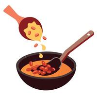 Baked beans and optional crumbled bacon being stirred into the beef mixture in the skillet vector