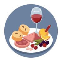Antipasto platter with prosciutto salami cheese nuts olives and rose wine With space for text vector