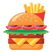 Delicious burger with lettuce. tomato. cheese. and bacon. served with crispy fries vector