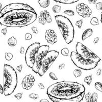 Green kiwi and nut mix, walnut almond diet and healthy lifestyle, vegan cooking. Hand drawn ink. Illustration seamless pattern isolated on white background. Design recipe book, website, menu vector