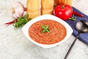 Cold vegan tomato soup Gazpacho photo