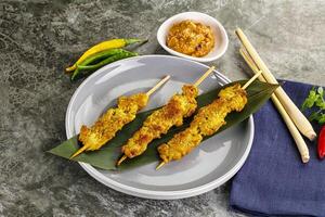 Thai meat skewer Satay with sauce photo