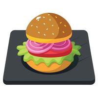 Fresh homemade burger on dark slate stone board. pickles and sliced onion over black background - vector