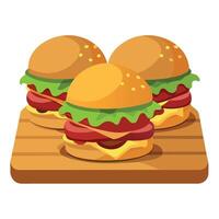 Close-up of three juicy bacon cheeseburgers with caramelized onions and lettuce on a wooden board. vector