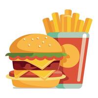 Bacon cheeseburger on toasted pretzel bun served with fries and beer shot with selective focus. vector