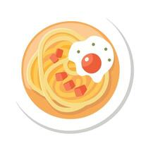 Fettuccine Carbonara in a plate. Pasta with carbonara sauce and bacon. White background. top view. vector