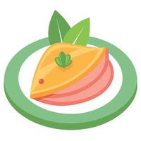 A plate with a folded crepe or pancake filled with ham and cheese. garnished with a green leaf vector