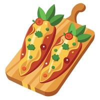 Delicious Cheddar and Bacon Stuffed Jalapenos. Garnished with Fresh Herbs on a Rustic Wooden Board vector