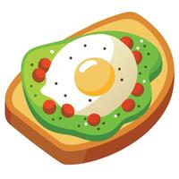 A fresh avocado toast on whole grain bread. topped with poached eggs and a sprinkle of red pepper vector
