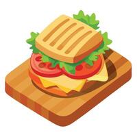 Grilled sandwich with fresh vegetables. crispy bacon. and melted cheese on rustic wooden board vector