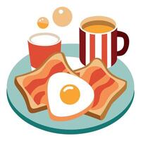Breakfast with egg. bacon. toasts on the white plate and tea in the cup on the table. flat lay vector