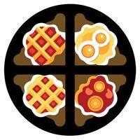 Four waffles. each with eggs. bacon. and cheese. arranged in a grid on a black backdrop vector