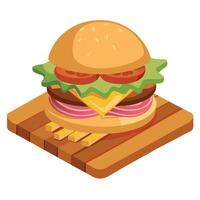 Close Up of a Juicy Cheeseburger With Bacon and Pickles Served With French Fries on a Wooden Board vector