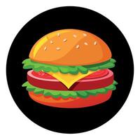Beef burger with cheese. tomatoes. red onions. cucumber and lettuce on dark background. vector