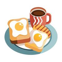 Buttered grilled toasts with crispy bacon and frieds eggs in a plate.with a coup of coffee AIG51A. vector