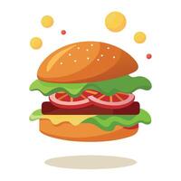 A delicious cheeseburger with lettuce. tomato. onion. and bacon is suspended in mid-air. vector
