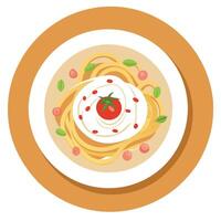 Italian dish of Spaghetti Carbonara with cream sauce top view on wooden table selective focus vector