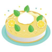 A lemon Meringue pie on a pristine white table. garnished with lemons and mint sprinkles vector