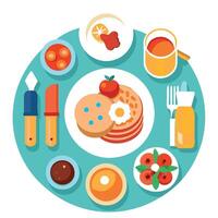 High-angle view of an American brunch buffet with pancakes. bacon. scrambled eggs. and fresh fruit vector
