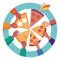 Friends taking slices of tasty pizza from plate close up view. Creative Banner. Copyspace image vector