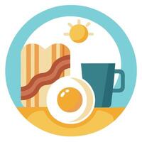 Awesome breakfast with fried eggs. bacon strips and coffee on blurry sunbeam background. vector