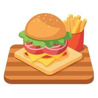 A Close Up Of A Juicy Burger With Bacon And Pickles Served With French Fries On A Wooden Board vector