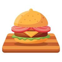 A large hamburger with bacon and cheese on top. The burger is sitting on a wooden cutting board vector