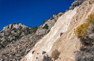 Conifers and other drought-resistant plants grow on the clay and stone rocks of the mountain at the pass in the Sierra Nevada Mountains, California, USA photo