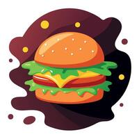Floating hamburger with meat. cheese. tomatoes. lettuce. and splash of sauce isolated on dark backgr vector