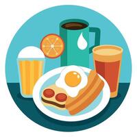 American breakfast with sunny side up eggs bacon hash browns pancakes toast orange juice and coffee vector