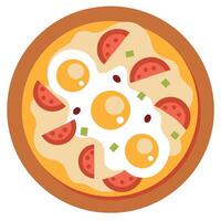 Design an image displaying a breakfast-inspired pizza topped with scrambled eggs. bacon. and hash br vector