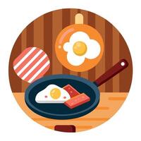A wood table holds a frying pan filled with sizzling bacon and eggs Parmesan cheese dusting tops the vector