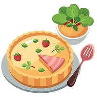 Delicious Quiche Lorraine with Crispy Bacon. Onions. and Melted Cheese. Served with Side Salad Close vector