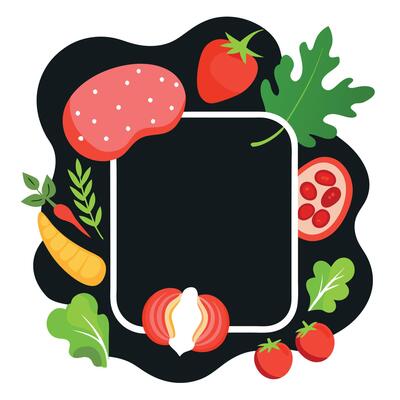 Fresh vegetables. herbs. raw beef steak and pork bacon on dark stone background forming a frame for