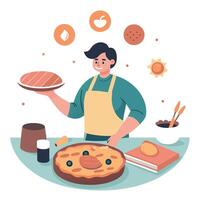 A person preparing a quiche. delicately placing bacon pieces on top in a warm. homely kitchen enviro vector