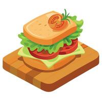 Delicious blt sandwich with crisp bacon. fresh lettuce. and ripe tomato slices on a wooden board vector