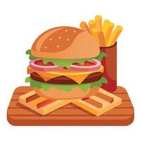 Gourmet Beef Burger with Bacon and Fries on Wooden Platter - Perfect for Menus. Posters. and Food Bl vector