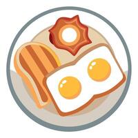 A close view of a plate of food with sunny-side-up eggs. bacon. and toast on a white ceramic plate. vector