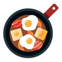 A frying pan filled with sizzling eggs. crispy bacon. and diced potatoes cooking over a stovetop. vector