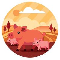 A group of beautiful family of pigs and piglets walking in nature at sunset. Animals. Pig Farm conce vector