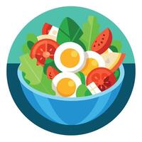 Delicious cobb salad mixed greens. tomatoes. cucumbers. eggs. bacon. chicken. blue cheese. croutons vector