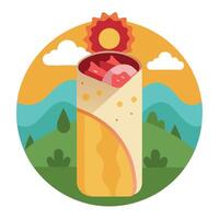 Delicious breakfast burrito with scrambled eggs and bacon served on a sunny morning in a rustic sett vector