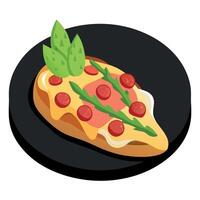 A pizza topped with asparagus and bacon on top of a piece of croissant bread on a black surface. vector