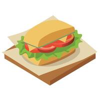 A sandwich with meat. lettuce. tomatoes. and cheese on a sheet of wax paper. placed on the table vector